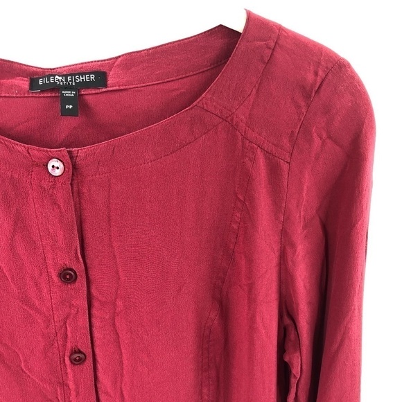 Eileen Fisher 100% Silk Washable Tunic Shirt Dress With Pockets Red PP 2 Petite - Picture 2 of 11